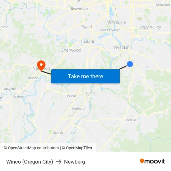 Winco (Oregon City) to Newberg map