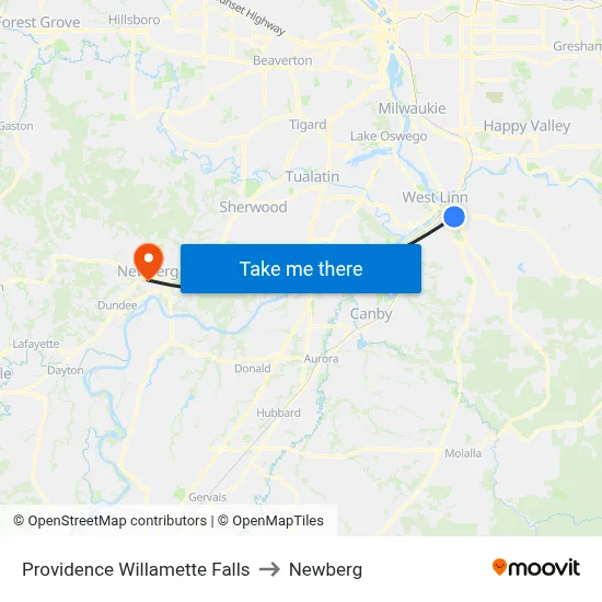 Providence Willamette Falls to Newberg map
