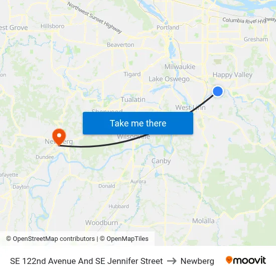 SE 122nd Avenue And SE Jennifer Street to Newberg map