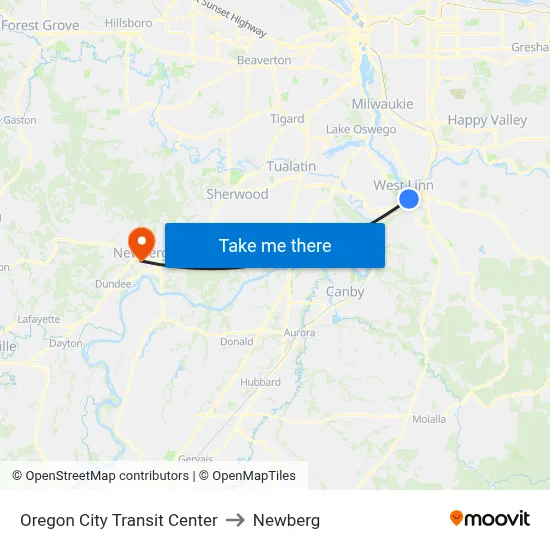 Oregon City Transit Center to Newberg map