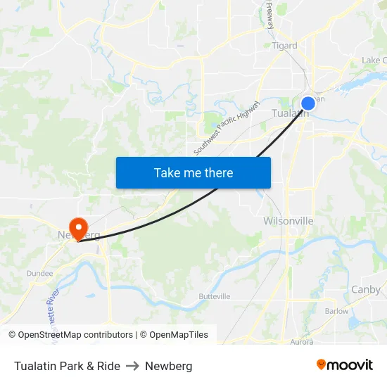 Tualatin Park & Ride to Newberg map