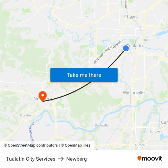 Tualatin City Services to Newberg map