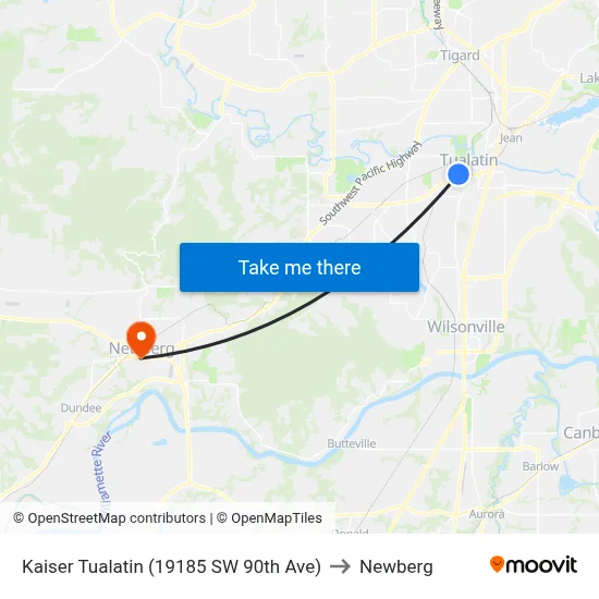 Kaiser Tualatin (19185 SW 90th Ave) to Newberg map