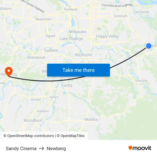 Sandy Cinema to Newberg map