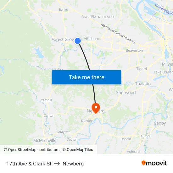 17th Ave & Clark St to Newberg map