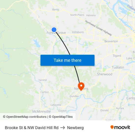 Brooke St & NW David Hill Rd to Newberg map