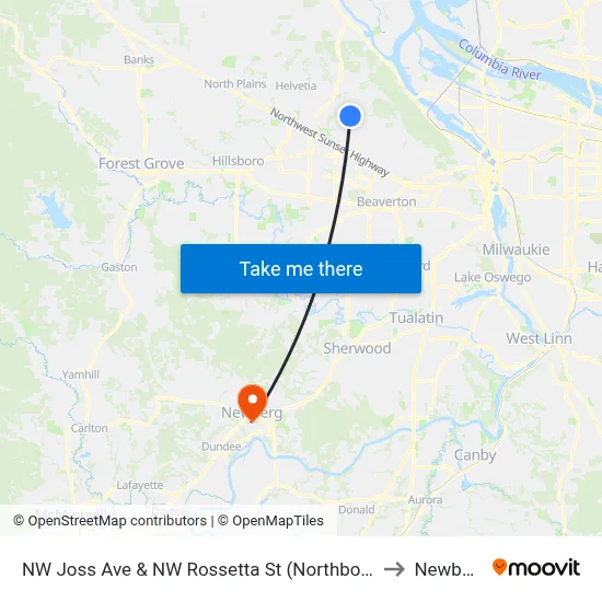NW Joss Ave & NW Rossetta St (Northbound) to Newberg map