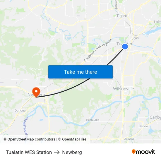 Tualatin WES Station to Newberg map