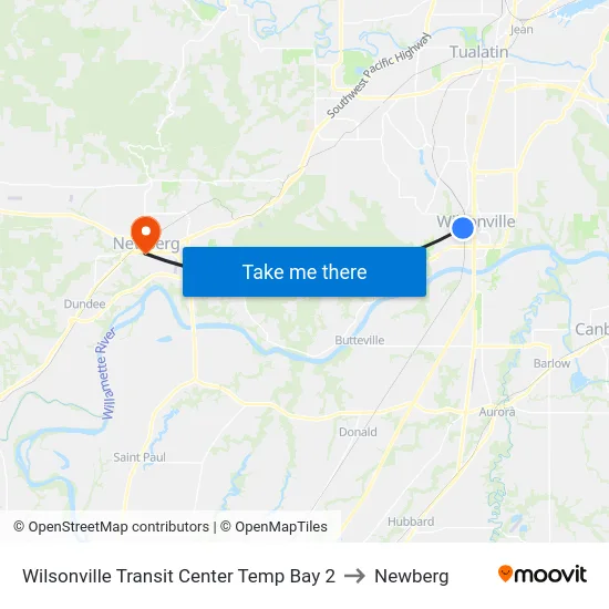 Wilsonville Transit Center Temp Bay 2 to Newberg map