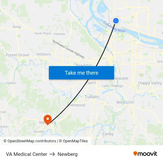 VA Medical Center to Newberg map