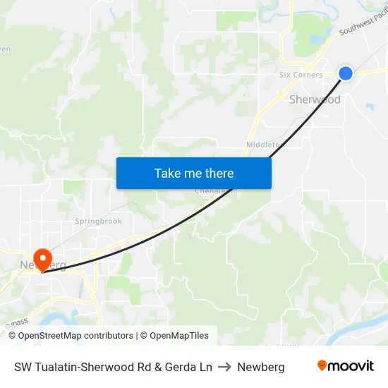 SW Tualatin-Sherwood Rd & Gerda Ln to Newberg map