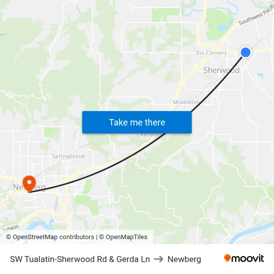 SW Tualatin-Sherwood Rd & Gerda Ln to Newberg map