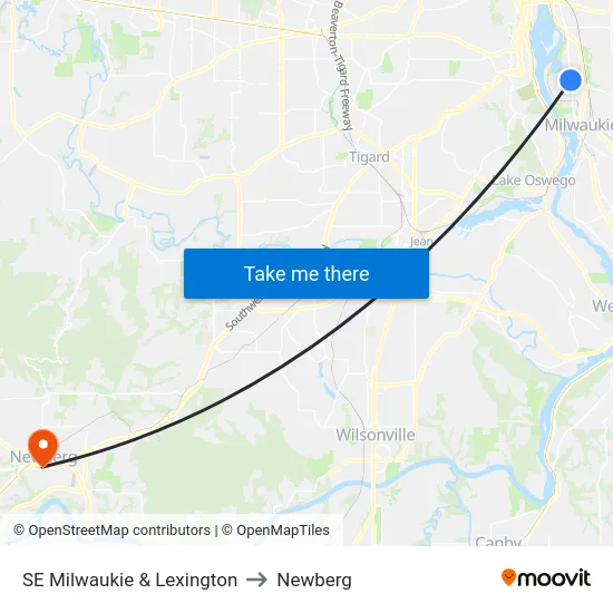 SE Milwaukie & Lexington to Newberg map