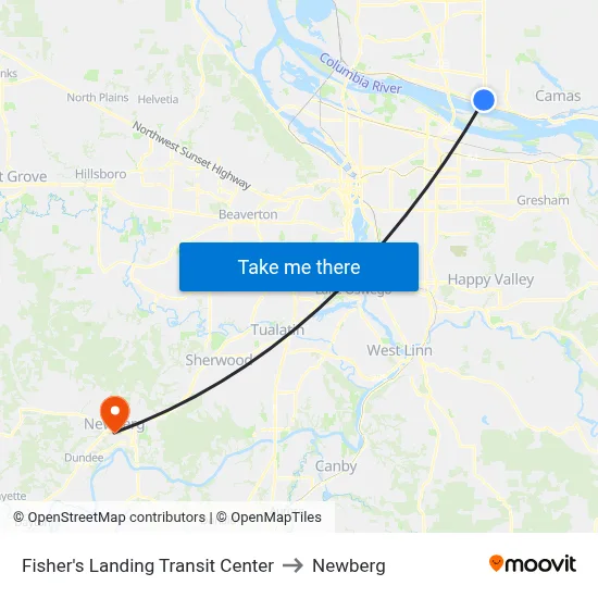 Fisher's Landing Transit Center to Newberg map
