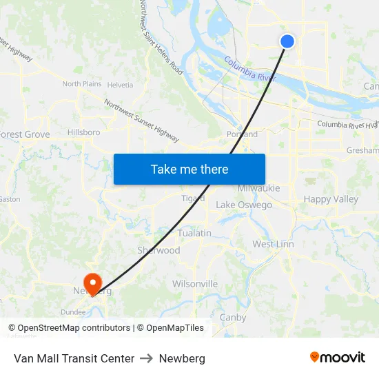 Van Mall Transit Center to Newberg map