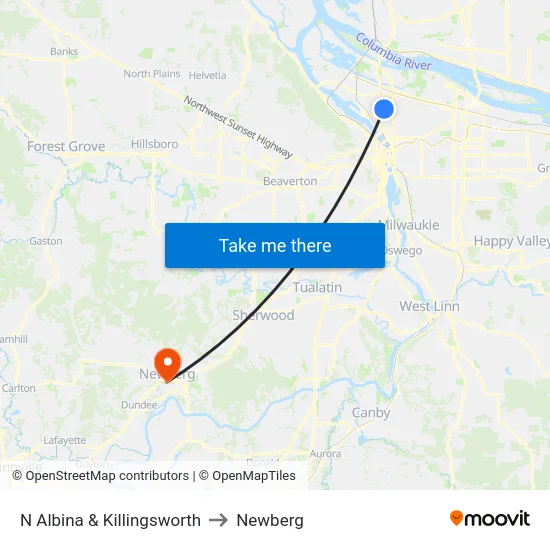 N Albina & Killingsworth to Newberg map