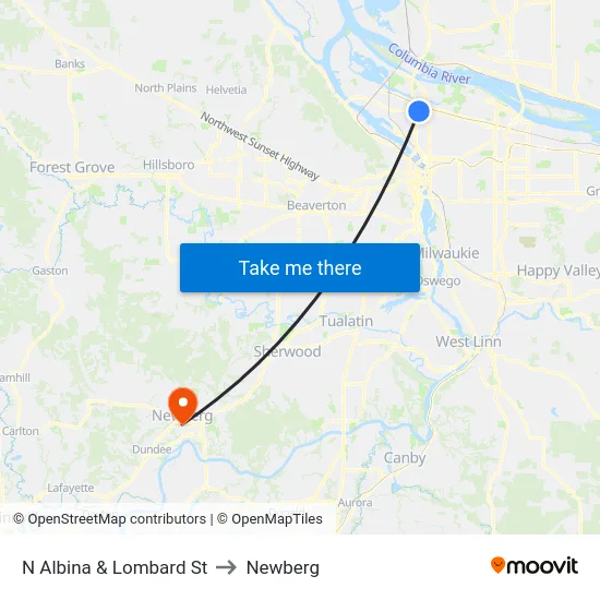 N Albina & Lombard St to Newberg map