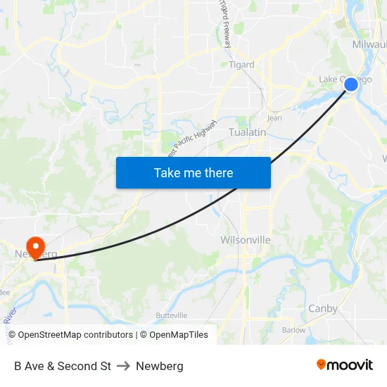 B Ave & Second St to Newberg map
