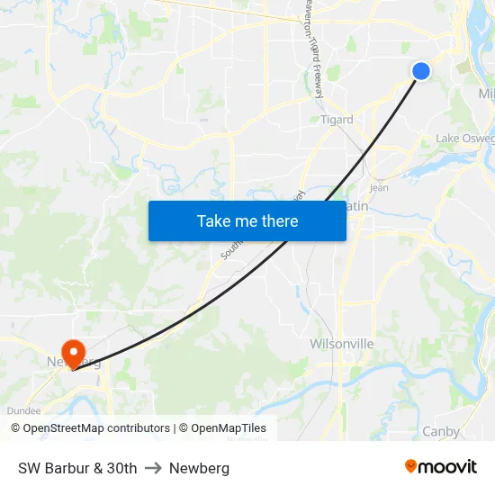 SW Barbur & 30th to Newberg map
