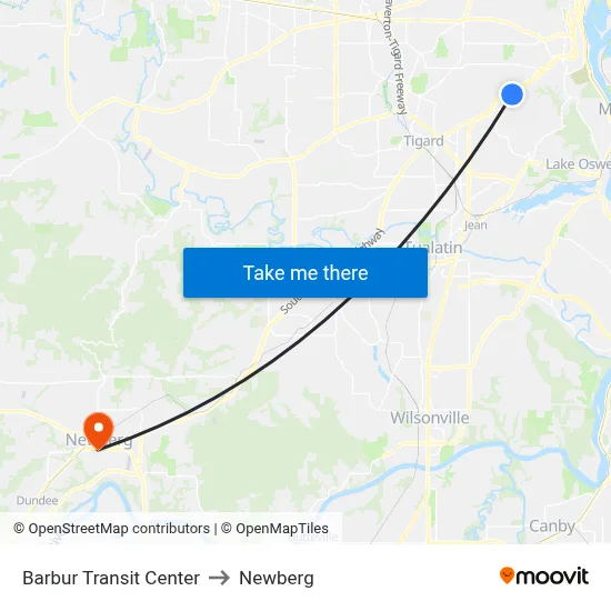 Barbur Transit Center to Newberg map