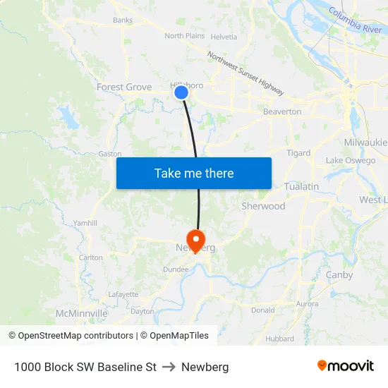 1000 Block SW Baseline St to Newberg map