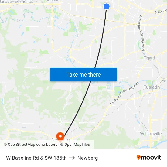 W Baseline Rd & SW 185th to Newberg map