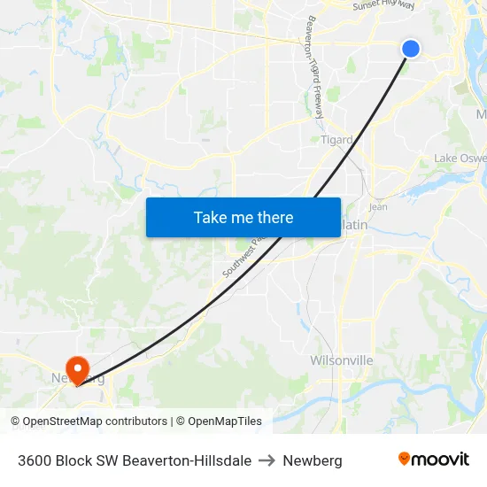 3600 Block SW Beaverton-Hillsdale to Newberg map