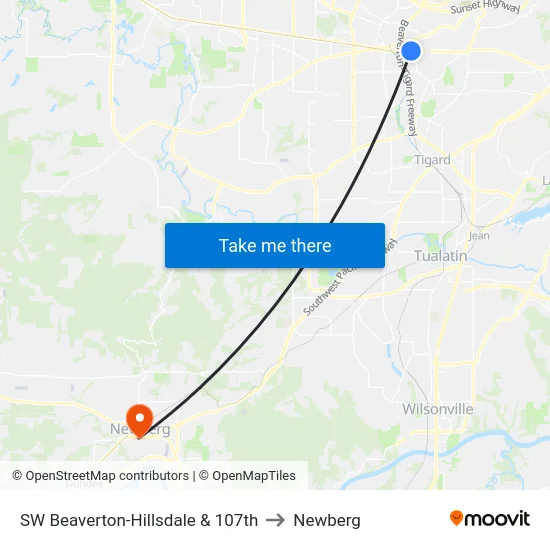 SW Beaverton-Hillsdale & 107th to Newberg map