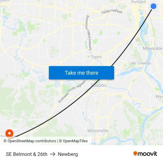 SE Belmont & 26th to Newberg map