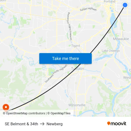 SE Belmont & 34th to Newberg map