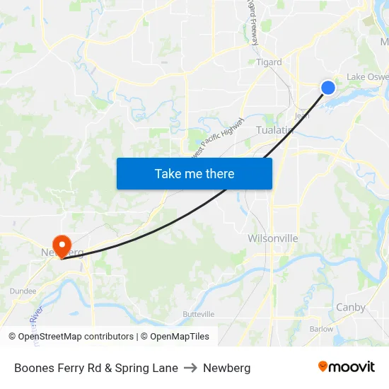 Boones Ferry Rd & Spring Lane to Newberg map