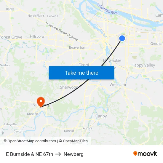 E Burnside & NE 67th to Newberg map