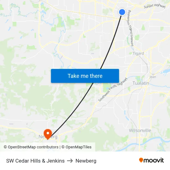 SW Cedar Hills & Jenkins to Newberg map