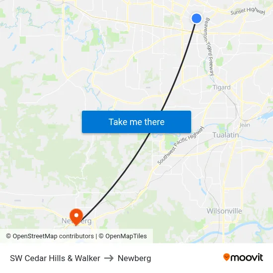 SW Cedar Hills & Walker to Newberg map