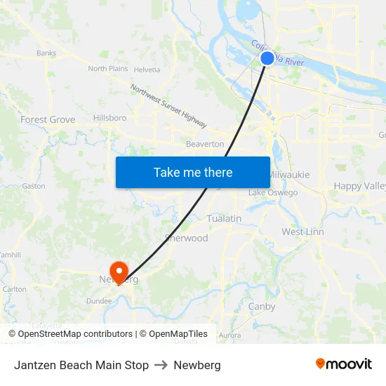 Jantzen Beach Main Stop to Newberg map