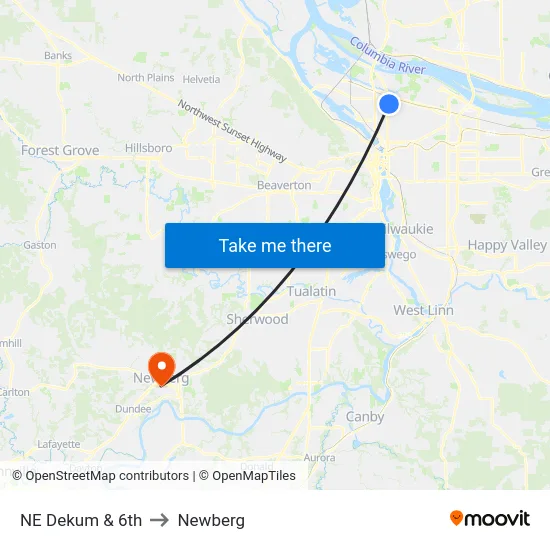 NE Dekum & 6th to Newberg map