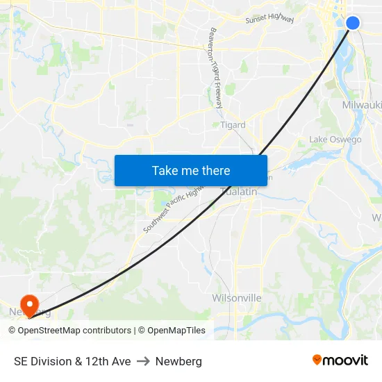 SE Division & 12th Ave to Newberg map