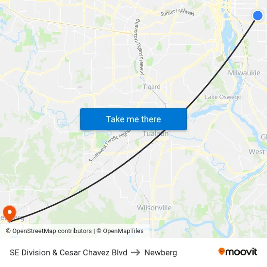 SE Division & Cesar Chavez Blvd to Newberg map