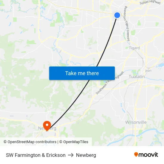 SW Farmington & Erickson to Newberg map