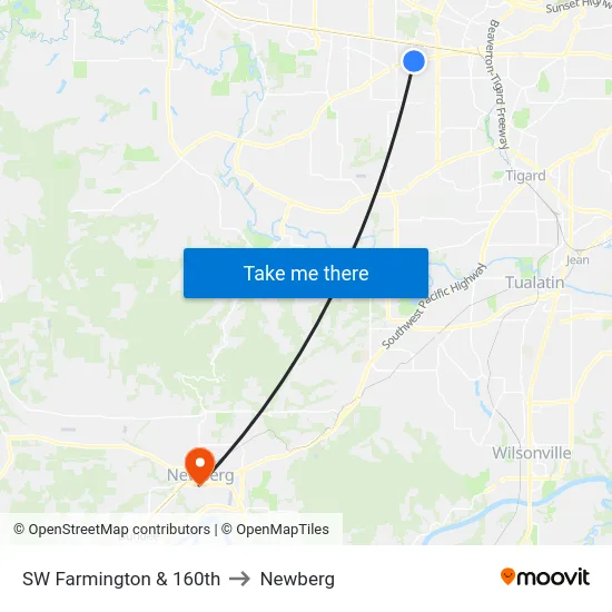 SW Farmington & 160th to Newberg map