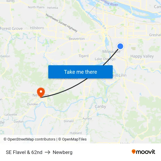 SE Flavel & 62nd to Newberg map