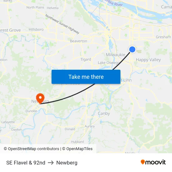 SE Flavel & 92nd to Newberg map