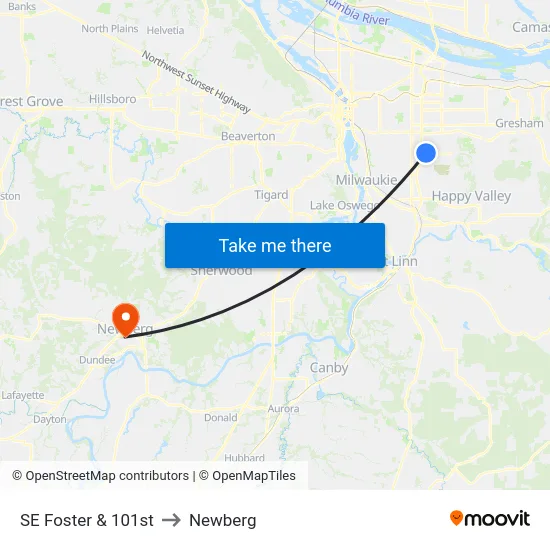 SE Foster & 101st to Newberg map
