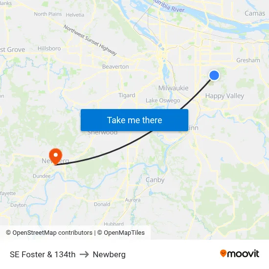 SE Foster & 134th to Newberg map