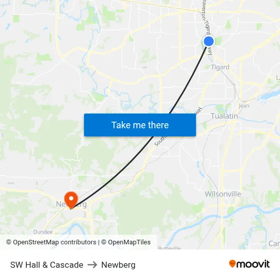 SW Hall & Cascade to Newberg map