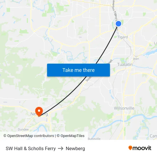 SW Hall & Scholls Ferry to Newberg map