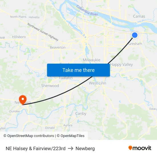 NE Halsey & Fairview/223rd to Newberg map