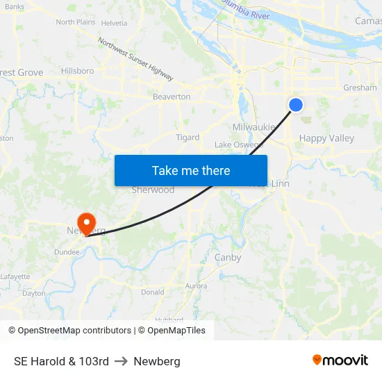 SE Harold & 103rd to Newberg map