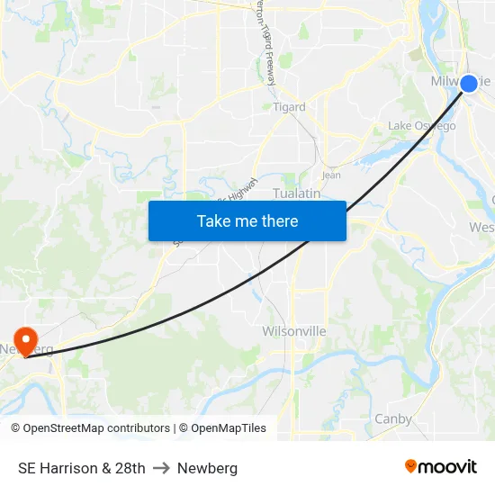 SE Harrison & 28th to Newberg map