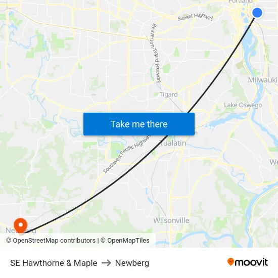 SE Hawthorne & Maple to Newberg map
